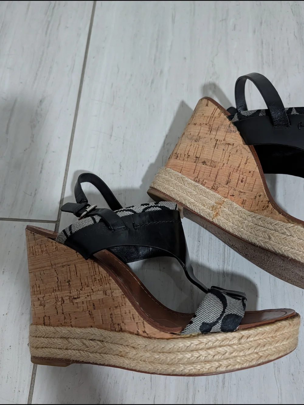 Coach Black Canvas & Leather Cork Espadrille Wedge Sandals